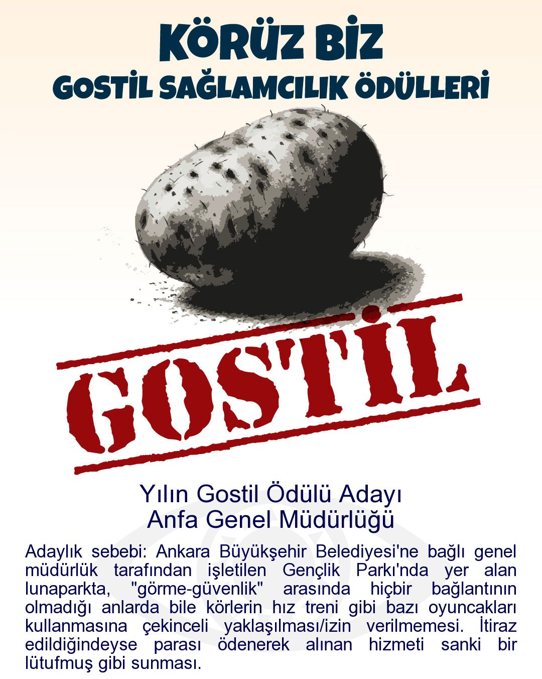 Gostil Kart: Yılın Gostil Ödülü Adayı: Anfa Genel Müdürlüğü - Adaylık sebebi: Ankara Büyükşehir Belediyesi'ne bağlı genel müdürlük tarafından işletilen Gençlik Parkı'nda yer alan lunaparkta, "görme-güvenlik" arasında hiçbir bağlantının olmadığı anlarda bile körlerin hız treni gibi bazı oyuncakları kullanmasına çekinceli yaklaşılması/izin verilmemesi. İtiraz edildiğindeyse parası ödenerek alınan hizmeti sanki bir lütufmuş gibi sunması.