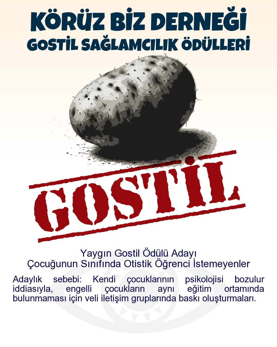 Gostil Kart: Yaygın Gostil Ödülü Adayı: Çocuğunun Sınıfında Otistik Öğrenci İstemeyenler - Adaylık sebebi: Kendi çocuklarının psikolojisi bozulur iddiasıyla, engelli çocukların aynı eğitim ortamında bulunmaması için veli iletişim gruplarında baskı oluşturmaları.