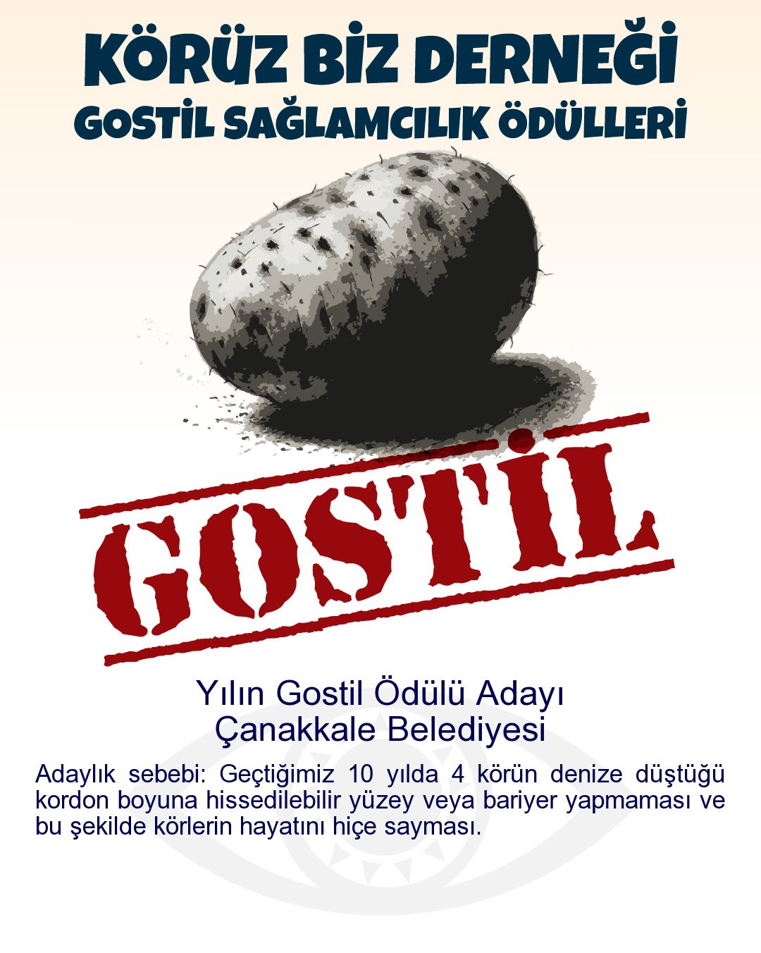 Gostil Kart: Yılın Gostil Ödülü Adayı: Çanakkale Belediyesi - Adaylık sebebi: Geçtiğimiz 10 yılda 4 körün denize düştüğü kordon boyuna hissedilebilir yüzey veya bariyer yapmaması ve bu şekilde körlerin hayatını hiçe sayması.