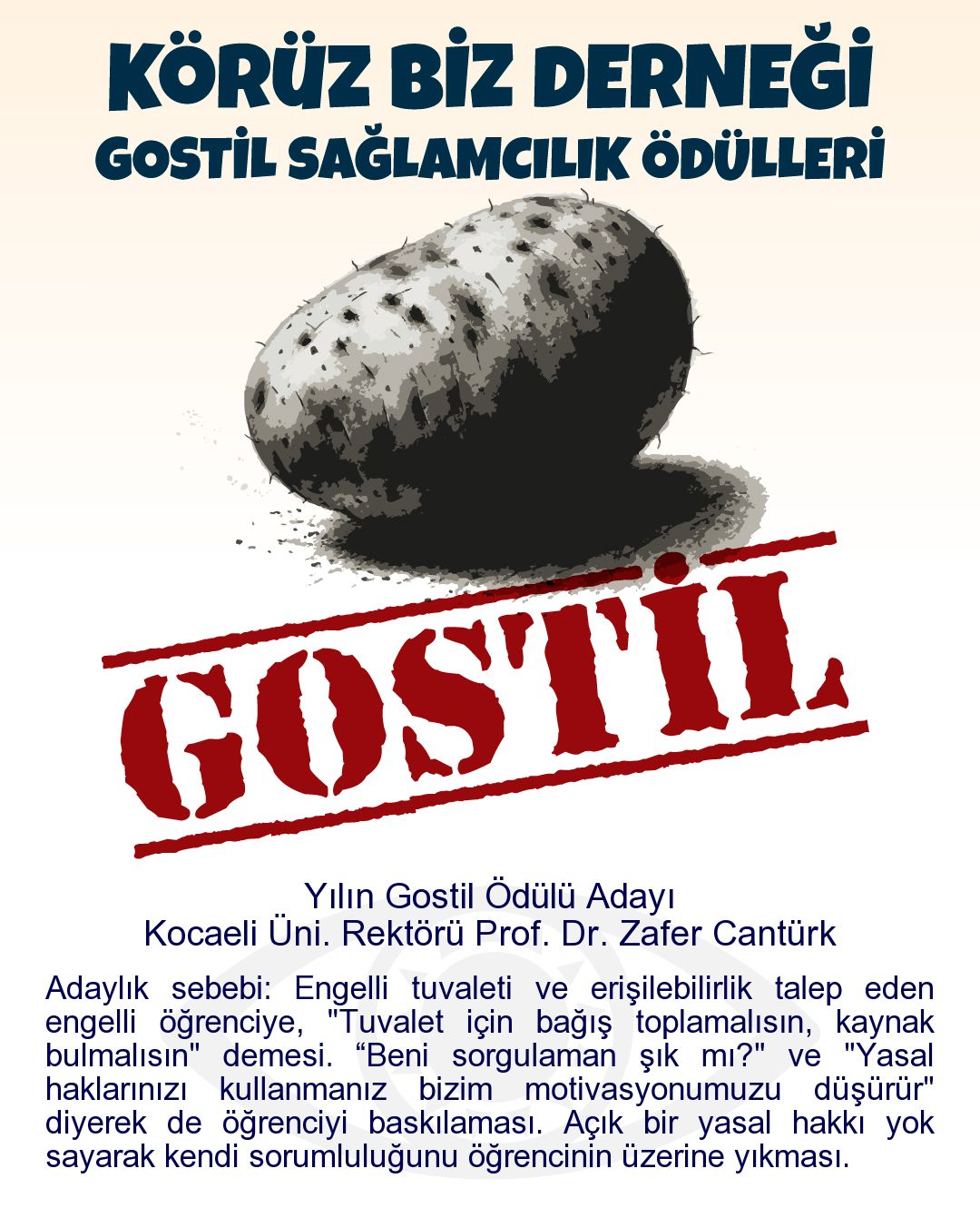 Gostil Kart: (434 harf.) Yılın Gostil Ödülü Adayı: Kocaeli Üni. Rektörü Prof. Dr. Zafer Cantürk - Adaylık sebebi: Engelli tuvaleti ve erişilebilirlik talep eden engelli öğrenciye, "Tuvalet için bağış toplamalısın, kaynak bulmalısın" demesi. “Beni sorgulaman şık mı?" ve "Yasal haklarınızı kullanmanız bizim motivasyonumuzu düşürür" diyerek de öğrenciyi baskılaması. Açık bir yasal hakkı yok sayarak kendi sorumluluğunu öğrencinin üzerine yıkması.