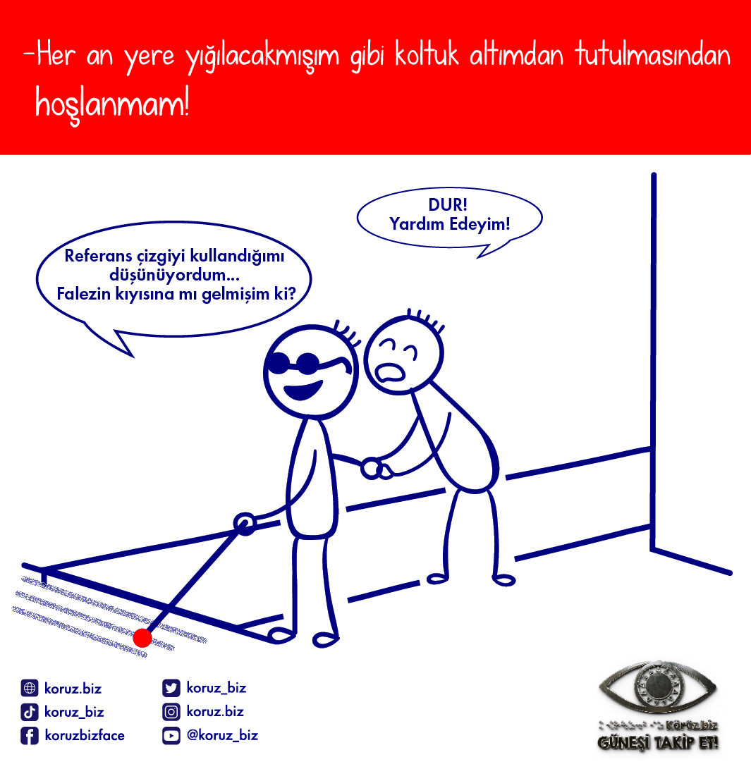 Görselde bir sokak ortamında bir kör ve gören çizilmiş. Gören kişi, körü koltuk altından tutarken şöyle diyor: "Dur! Yardım edeyim!" Güleç yüzlü kör şöyle yanıt veriyor: "Referans çizgiyi kullandığımı düşünüyordum… Falezin kıyısına mı gelmişim ki?" 
