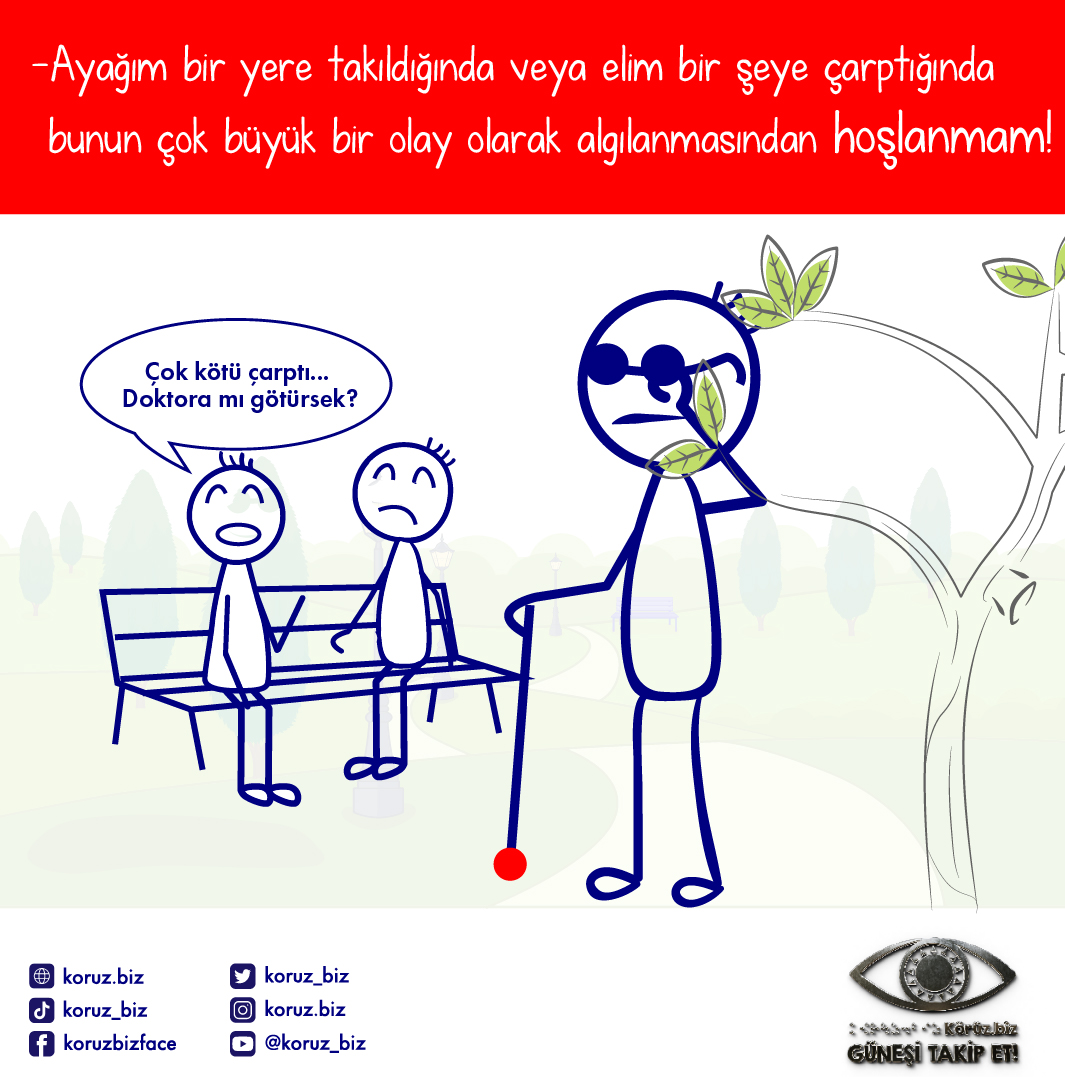 Görselde bir park ortamı çizilmiş. Dalları yürüme yoluna sarkmış bir ağaç var, ağacın dibinde ayakta duran ve bir elini yüzünde tutan kör kişi bulunuyor. Onun biraz gerisinde bankta oturan iki kişiden biri, endişeli bir yüz ifadesiyle şöyle diyor: "Çok kötü çarptı… Doktora mı götürsek?"