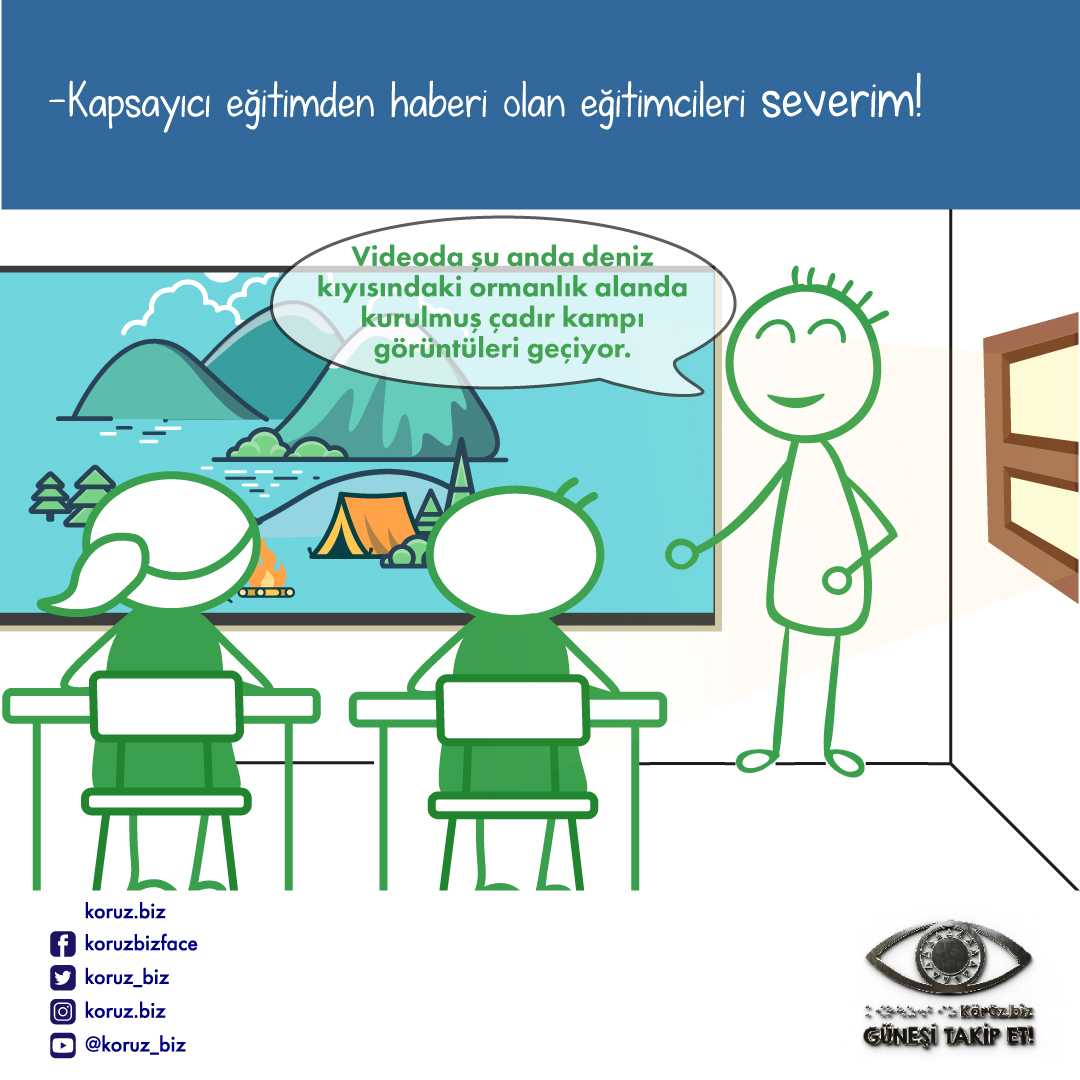 Görselde sınıf ortamının bir kısmı çizilmiş. Birkaç öğrenci yüzleri tahtaya dönük şekilde sırada oturuyor. Akıllı tahtanın yanında duran öğretmen şöyle diyor: "Videoda şu anda deniz kıyısındaki ormanlık alanda kurulmuş çadır kampı görüntüleri geçiyor."