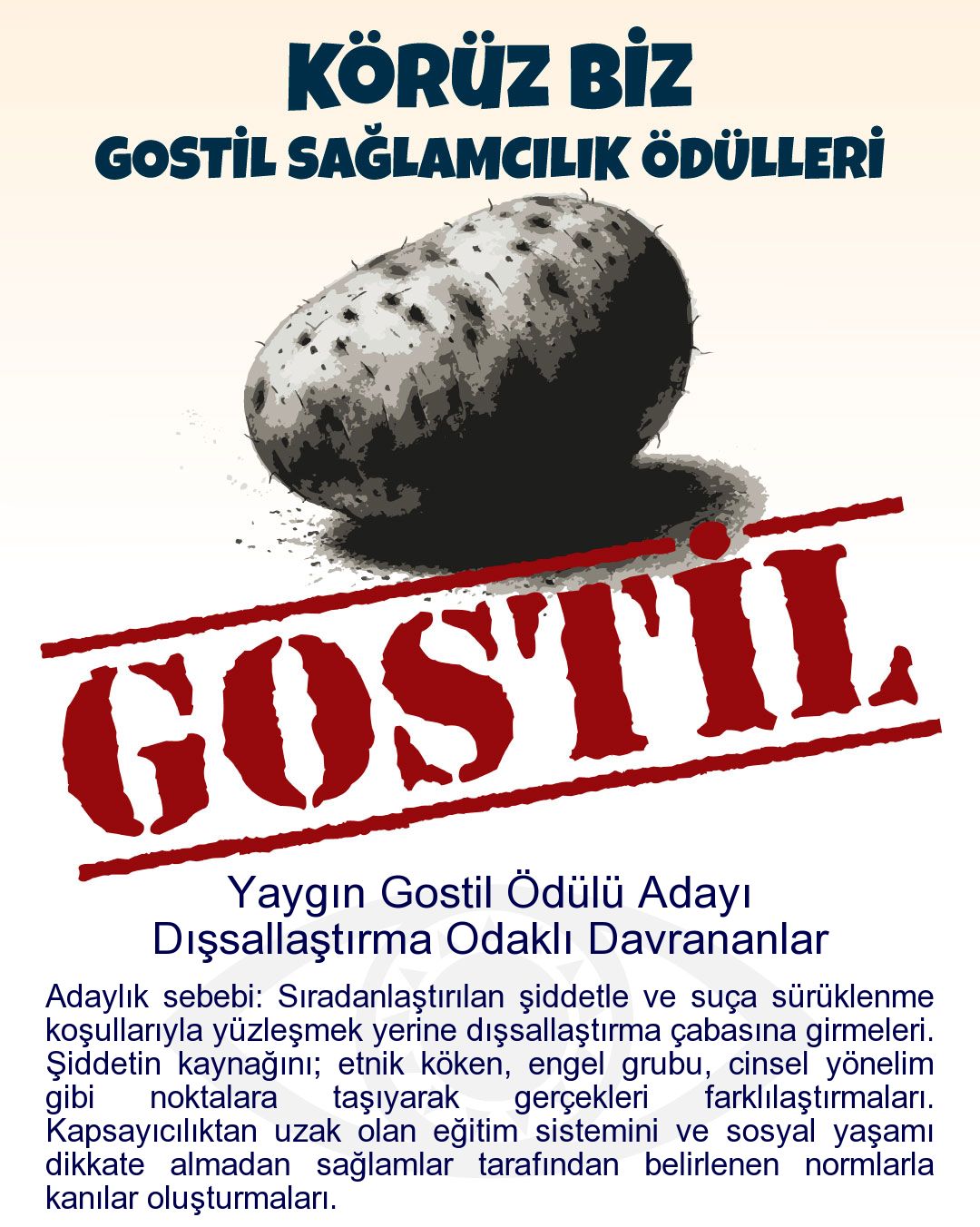 Gostil Kart: Yaygın Gostil Ödülü Adayı: Dışsallaştırma Odaklı Davrananlar - Adaylık sebebi: Sıradanlaştırılan şiddetle ve suça sürüklenme koşullarıyla yüzleşmek yerine dışsallaştırma çabasına girmeleri. Şiddetin kaynağını; etnik köken, engel grubu, cinsel yönelim gibi noktalara taşıyarak gerçekleri farklılaştırmaları. Kapsayıcılıktan uzak olan eğitim sistemini ve sosyal yaşamı dikkate almadan sağlamlar tarafından belirlenen normlarla kanılar oluşturmaları.